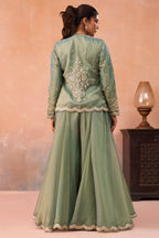 Sage Green Tissue Crop Top with Embroidered Jacket and Flared Palazzo Set