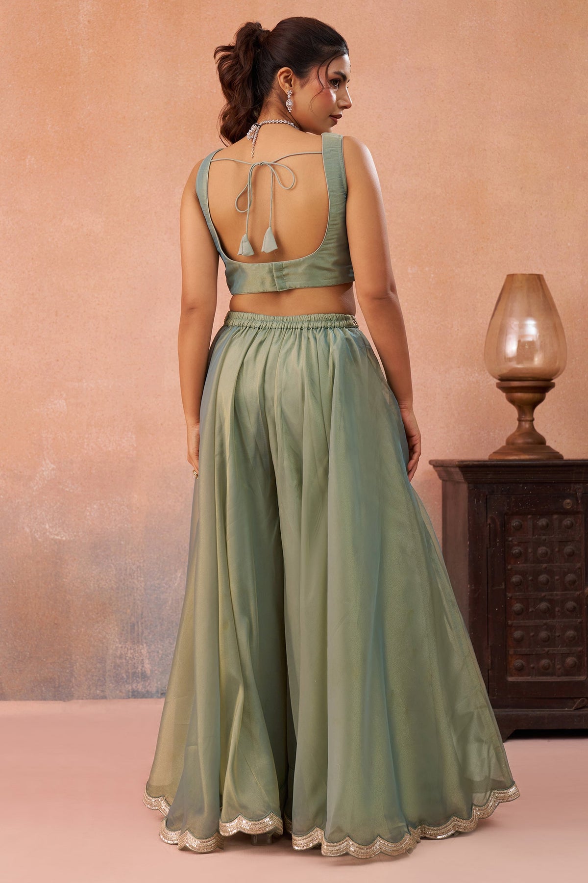 Sage Green Tissue Crop Top with Embroidered Jacket and Flared Palazzo Set