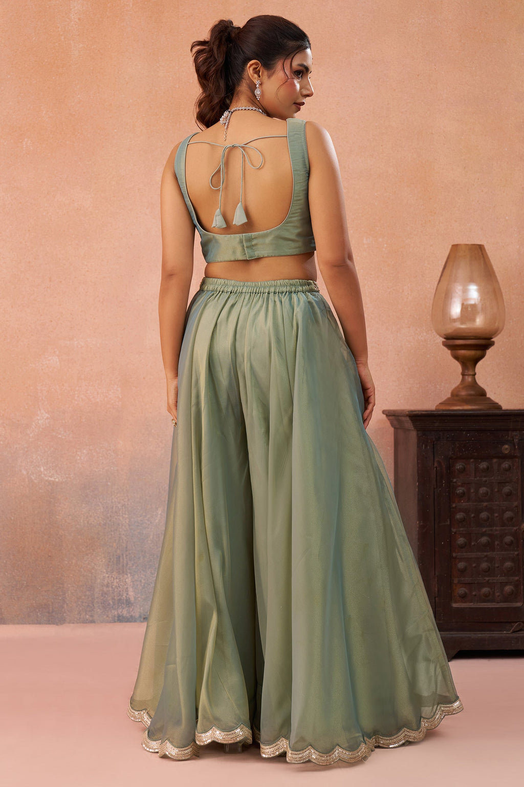 Sage Green Tissue Crop Top with Embroidered Jacket and Flared Palazzo Set