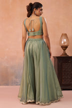 Sage Green Tissue Crop Top with Embroidered Jacket and Flared Palazzo Set