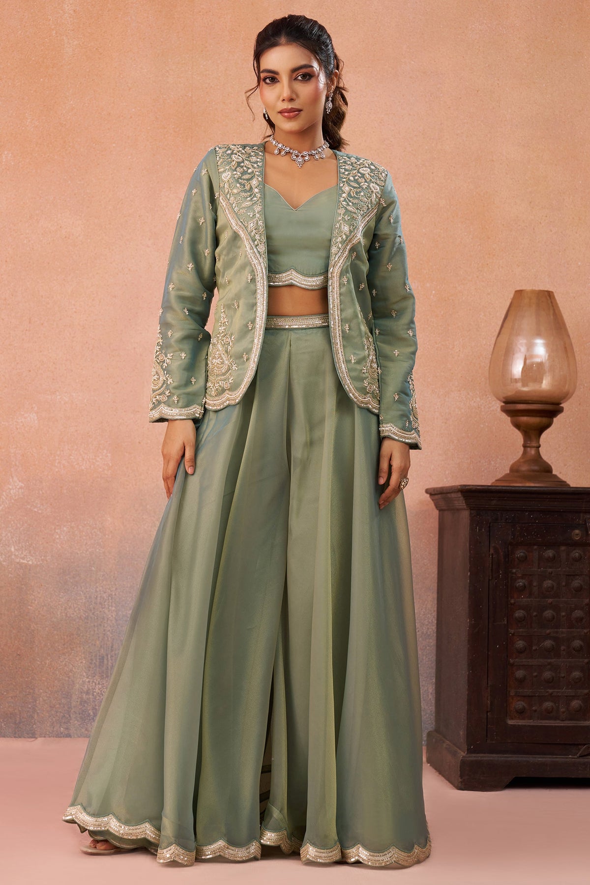 Sage Green Tissue Crop Top with Embroidered Jacket and Flared Palazzo Set
