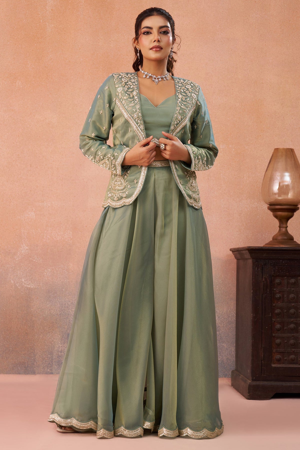 Sage Green Tissue Crop Top with Embroidered Jacket and Flared Palazzo Set