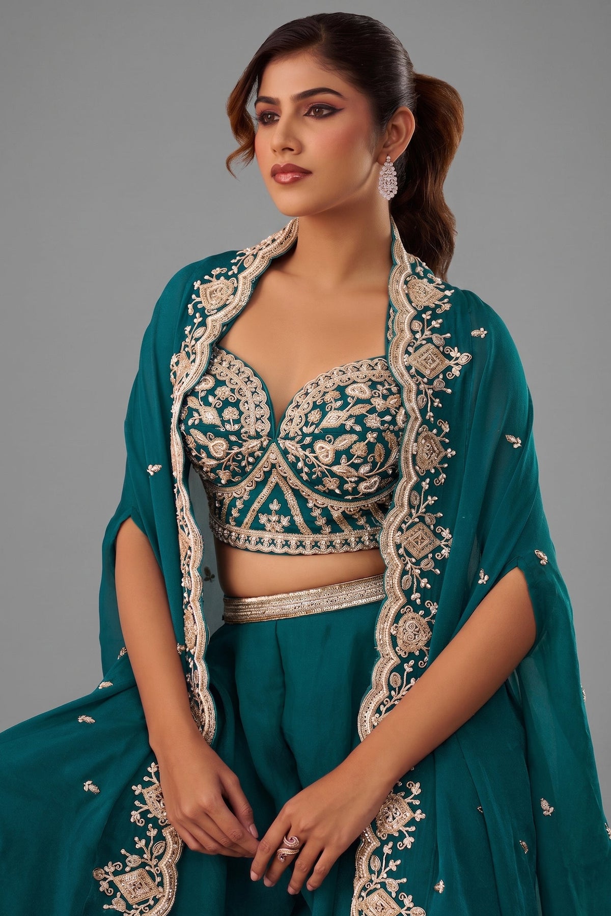 Teal Blue Organza Beads Embroidered Crop Top with Flared Cape and Palazzo Set