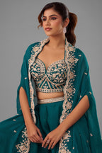 Teal Blue Organza Beads Embroidered Crop Top with Flared Cape and Palazzo Set