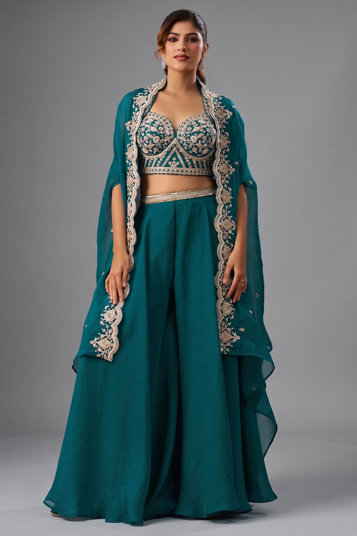 Teal Blue Organza Beads Embroidered Crop Top with Flared Cape and Palazzo Set