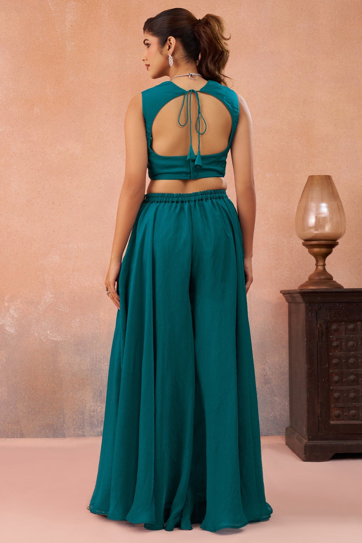 Teal Blue Organza Beads Embroidered Crop Top with Flared Cape and Palazzo Set
