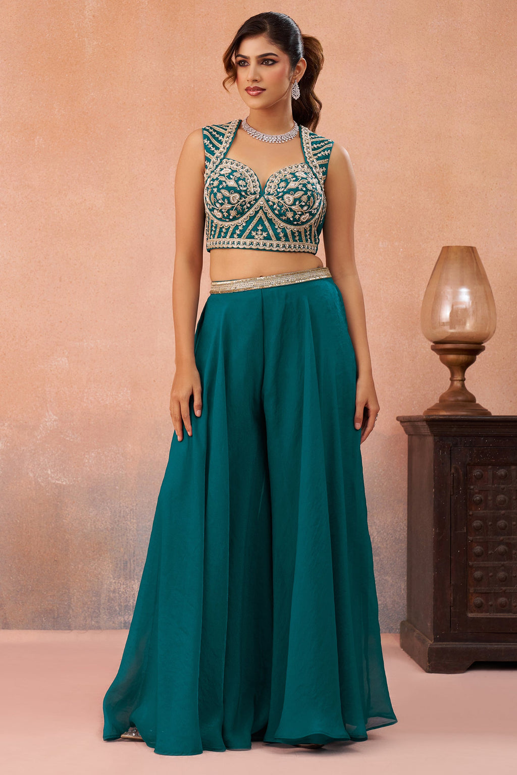 Teal Blue Organza Beads Embroidered Crop Top with Flared Cape and Palazzo Set
