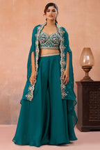 Teal Blue Organza Beads Embroidered Crop Top with Flared Cape and Palazzo Set
