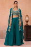 Teal Blue Organza Beads Embroidered Crop Top with Flared Cape and Palazzo Set