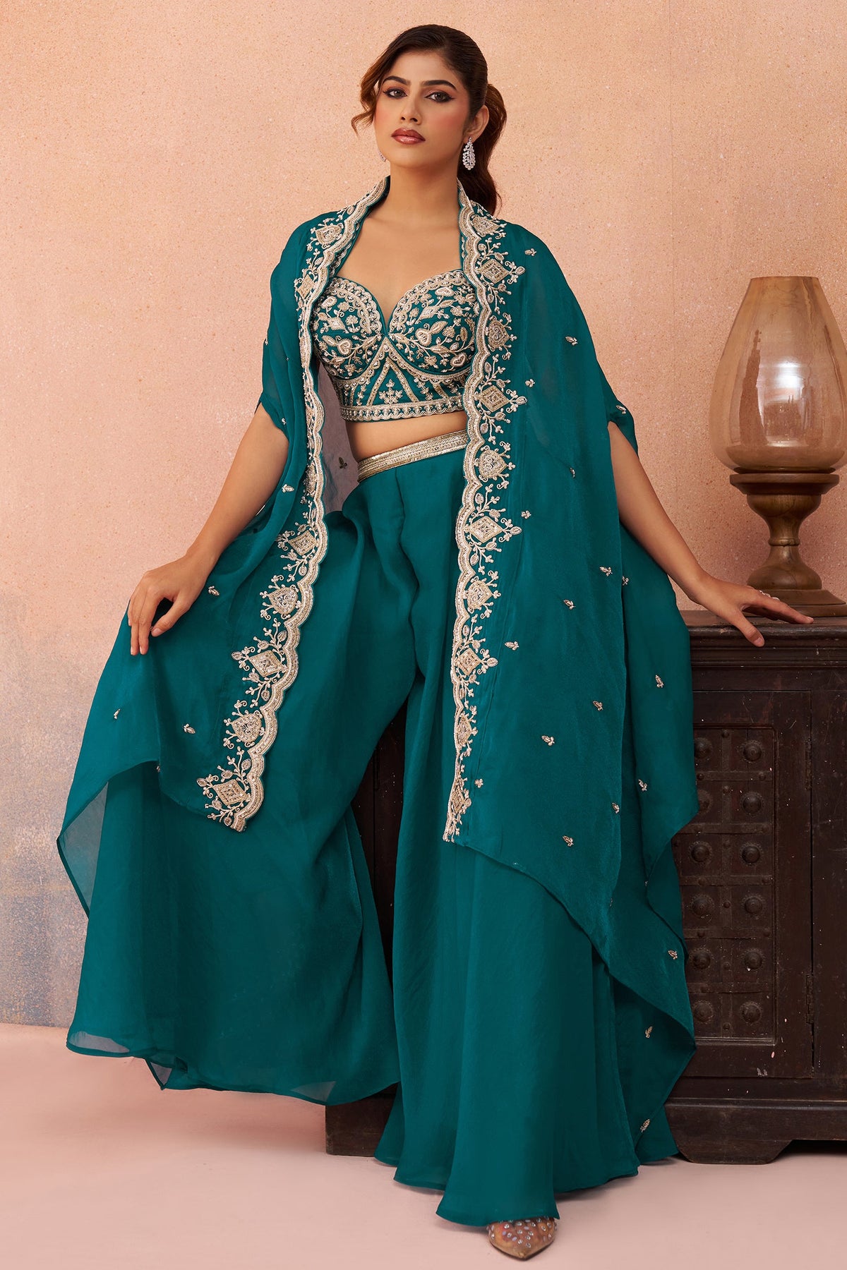 Teal Blue Organza Beads Embroidered Crop Top with Flared Cape and Palazzo Set