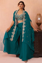 Teal Blue Organza Beads Embroidered Crop Top with Flared Cape and Palazzo Set