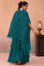 Teal Blue Organza Beads Embroidered Crop Top with Flared Cape and Palazzo Set