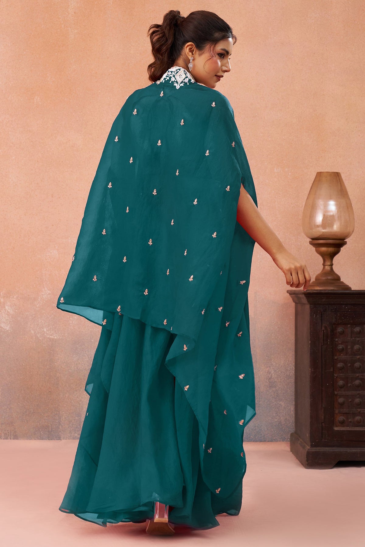 Teal Blue Organza Beads Embroidered Crop Top with Flared Cape and Palazzo Set