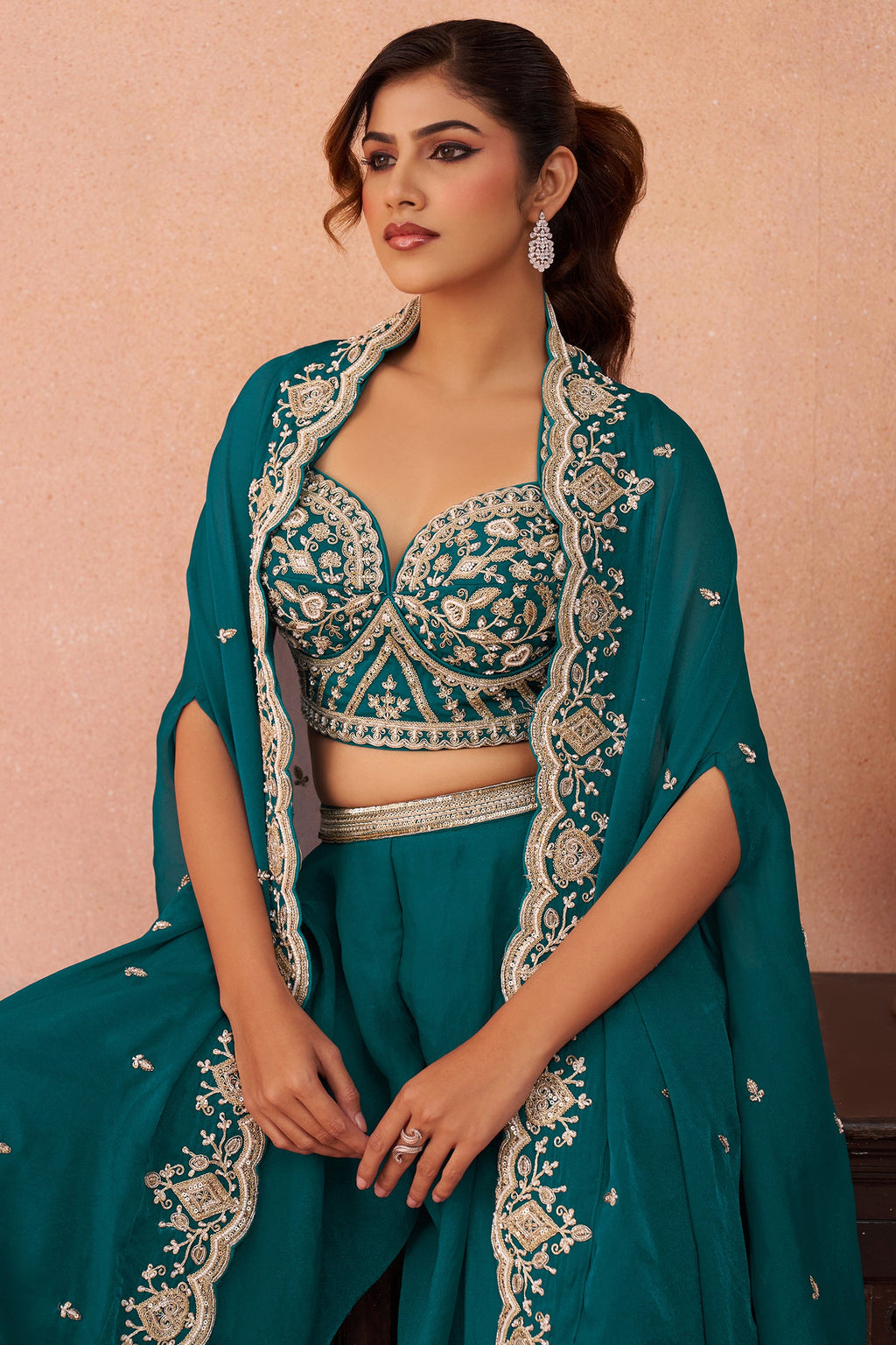 Teal Blue Organza Beads Embroidered Crop Top with Flared Cape and Palazzo Set