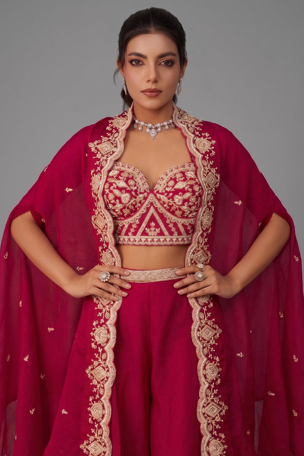 Dark Pink Organza Beads Embroidered Crop Top with Flared Cape and Palazzo Set
