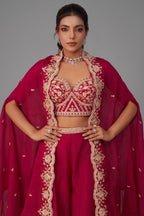 Dark Pink Organza Beads Embroidered Crop Top with Flared Cape and Palazzo Set