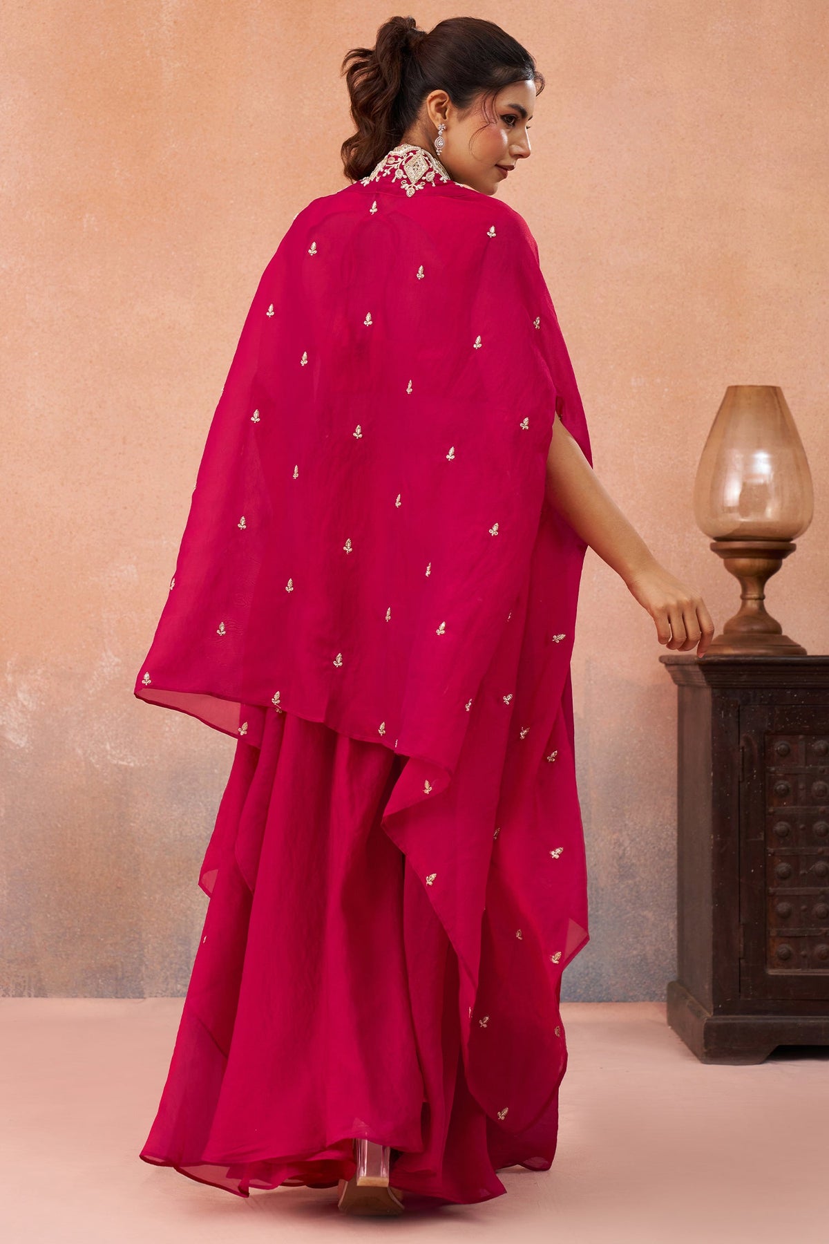 Dark Pink Organza Beads Embroidered Crop Top with Flared Cape and Palazzo Set