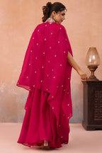 Dark Pink Organza Beads Embroidered Crop Top with Flared Cape and Palazzo Set