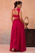 Dark Pink Organza Beads Embroidered Crop Top with Flared Cape and Palazzo Set