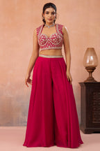 Dark Pink Organza Beads Embroidered Crop Top with Flared Cape and Palazzo Set