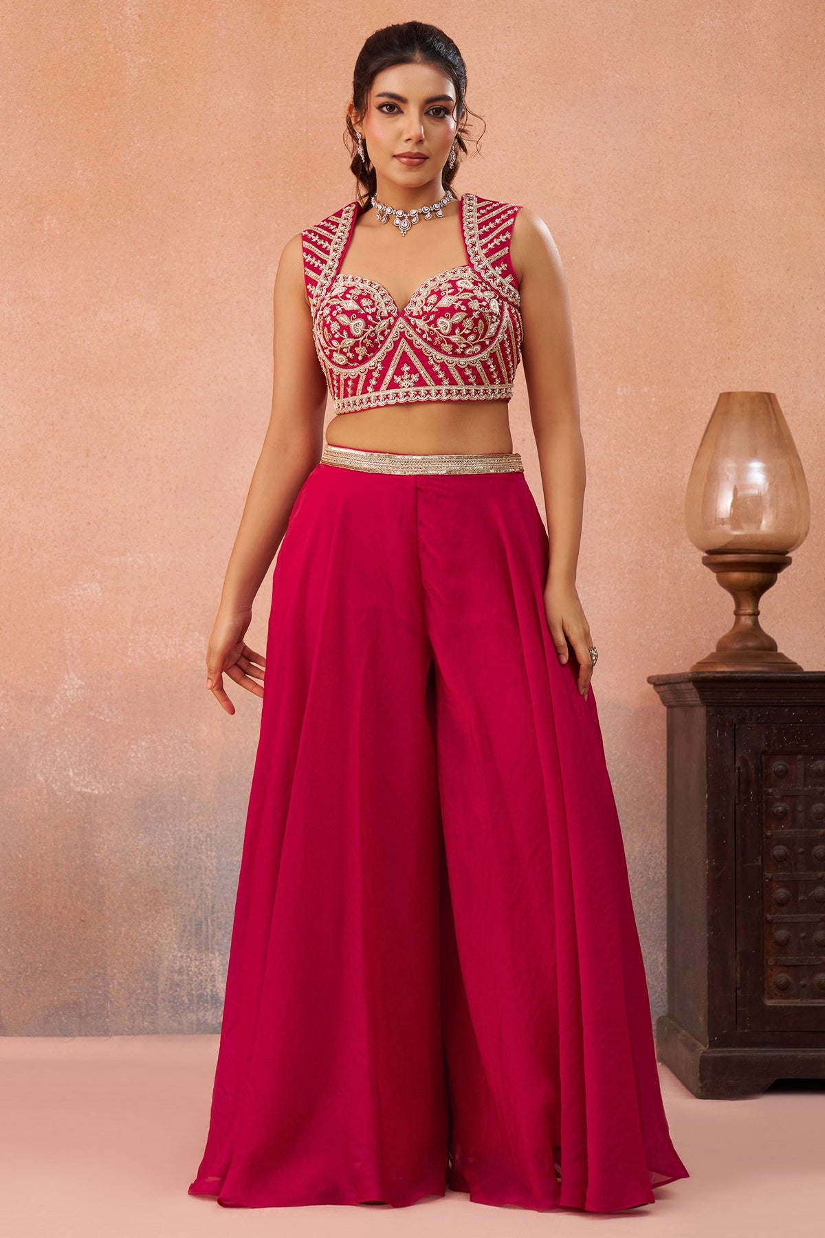 Dark Pink Organza Beads Embroidered Crop Top with Flared Cape and Palazzo Set
