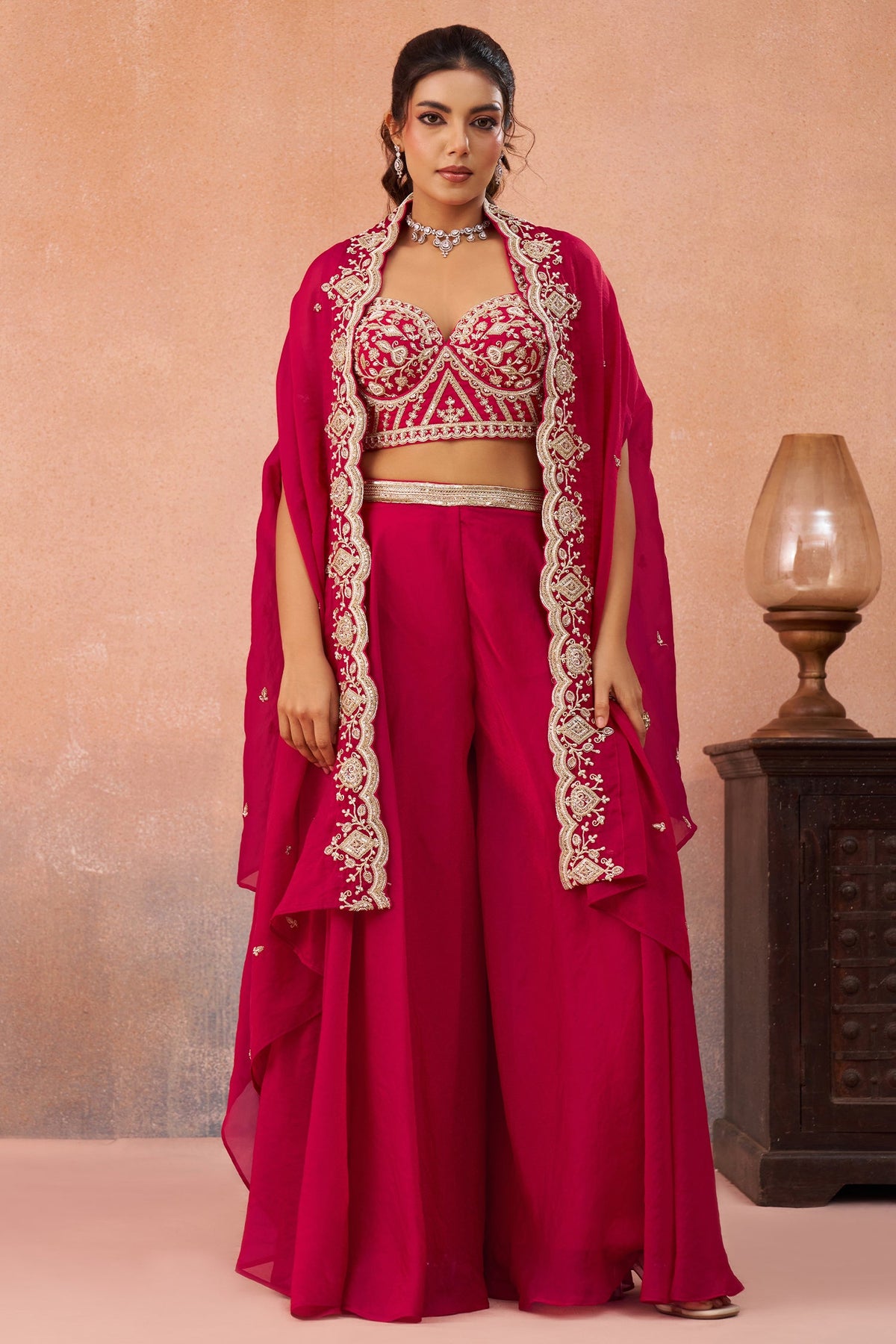 Dark Pink Organza Beads Embroidered Crop Top with Flared Cape and Palazzo Set