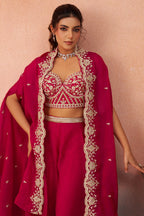 Dark Pink Organza Beads Embroidered Crop Top with Flared Cape and Palazzo Set