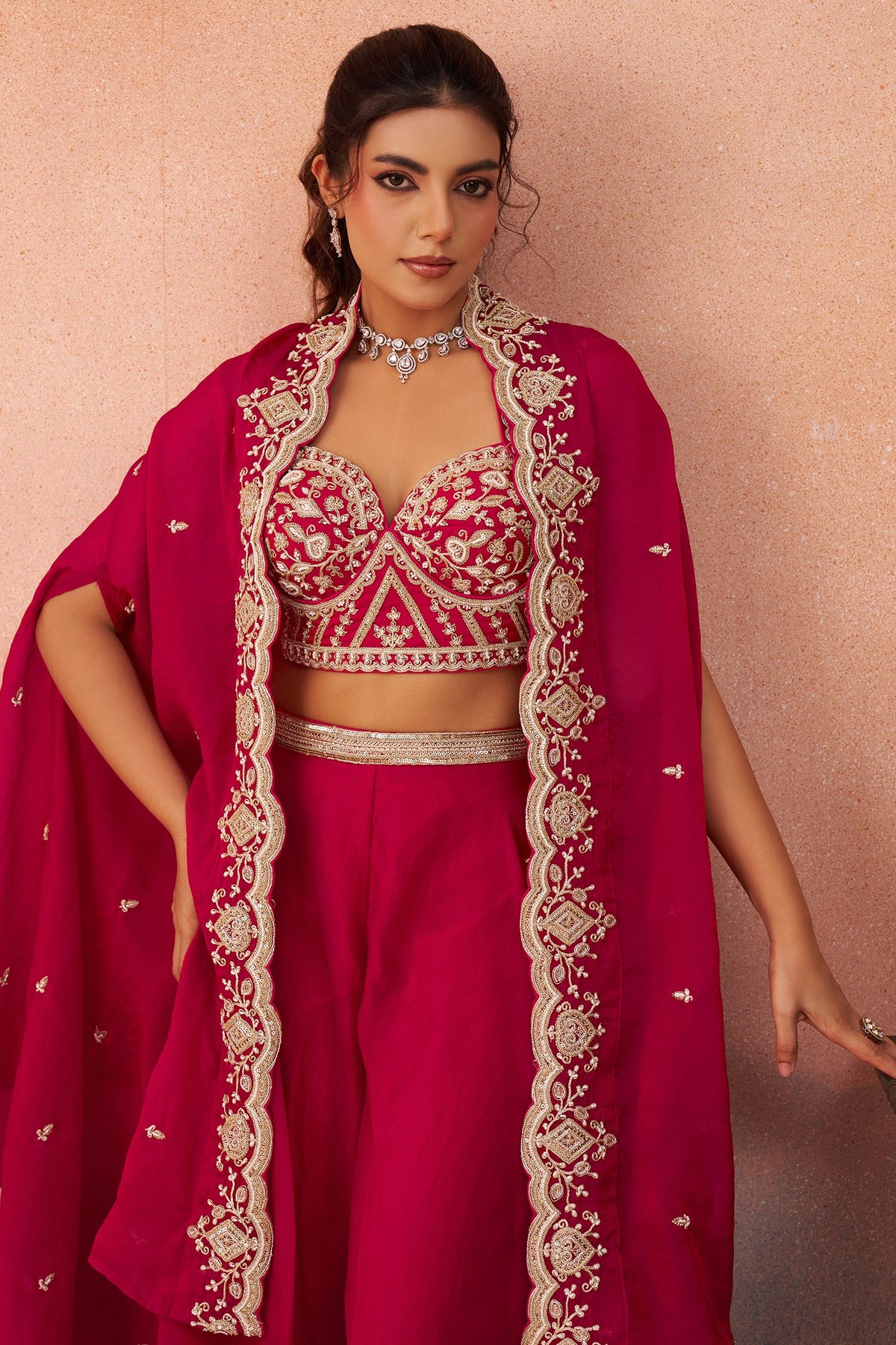 Dark Pink Organza Beads Embroidered Crop Top with Flared Cape and Palazzo Set