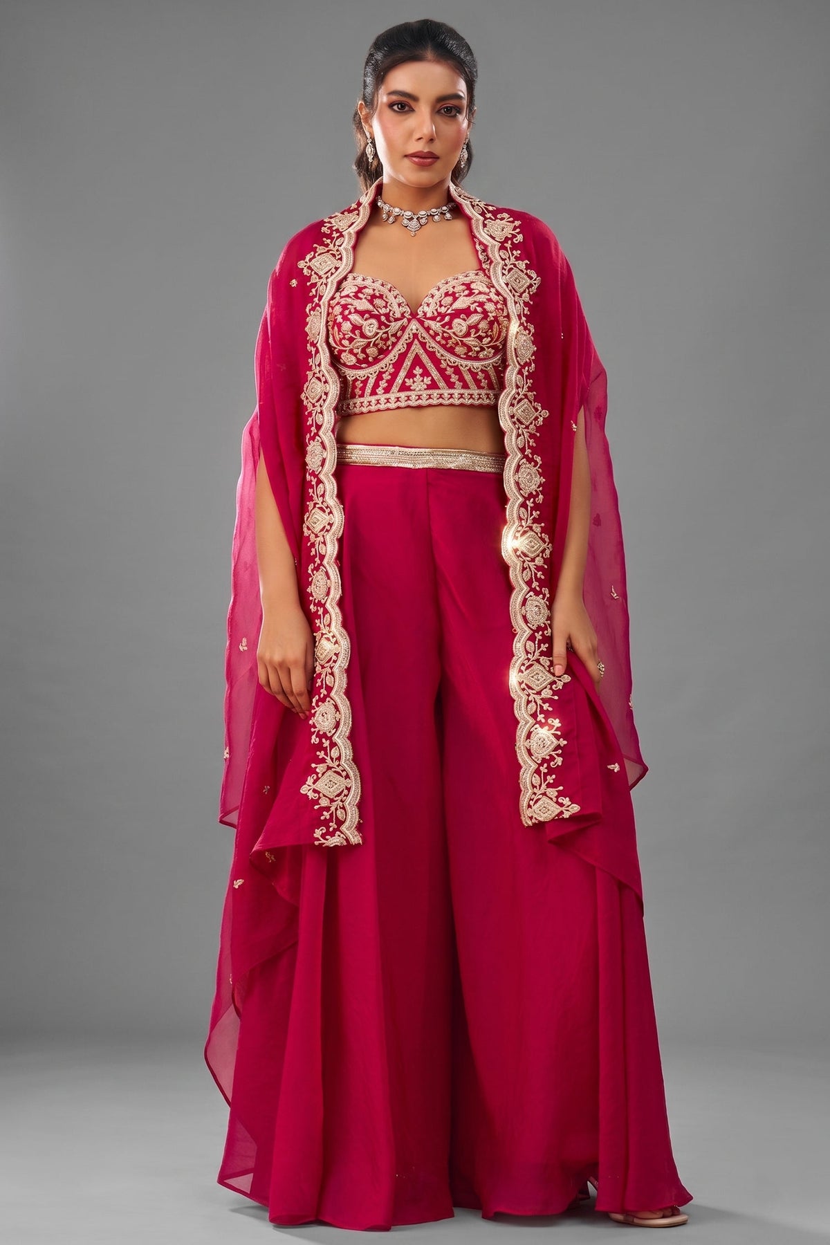 Dark Pink Organza Beads Embroidered Crop Top with Flared Cape and Palazzo Set