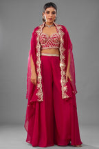 Dark Pink Organza Beads Embroidered Crop Top with Flared Cape and Palazzo Set