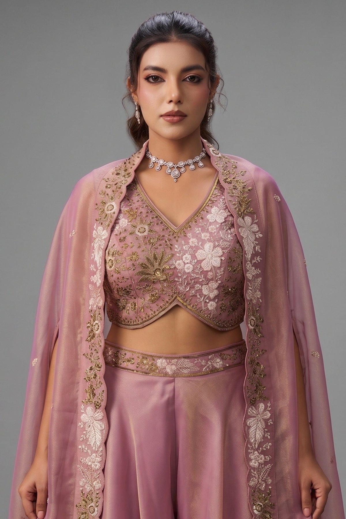 Light Pink Tissue Beads Embroidered Crop Top with Cape and Flared Palazzo Set