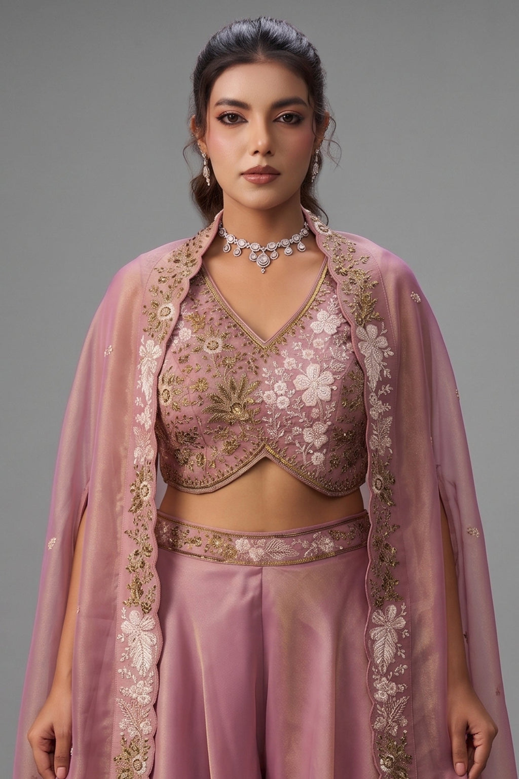 Light Pink Tissue Beads Embroidered Crop Top with Cape and Flared Palazzo Set