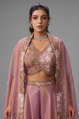 Light Pink Tissue Beads Embroidered Crop Top with Cape and Flared Palazzo Set