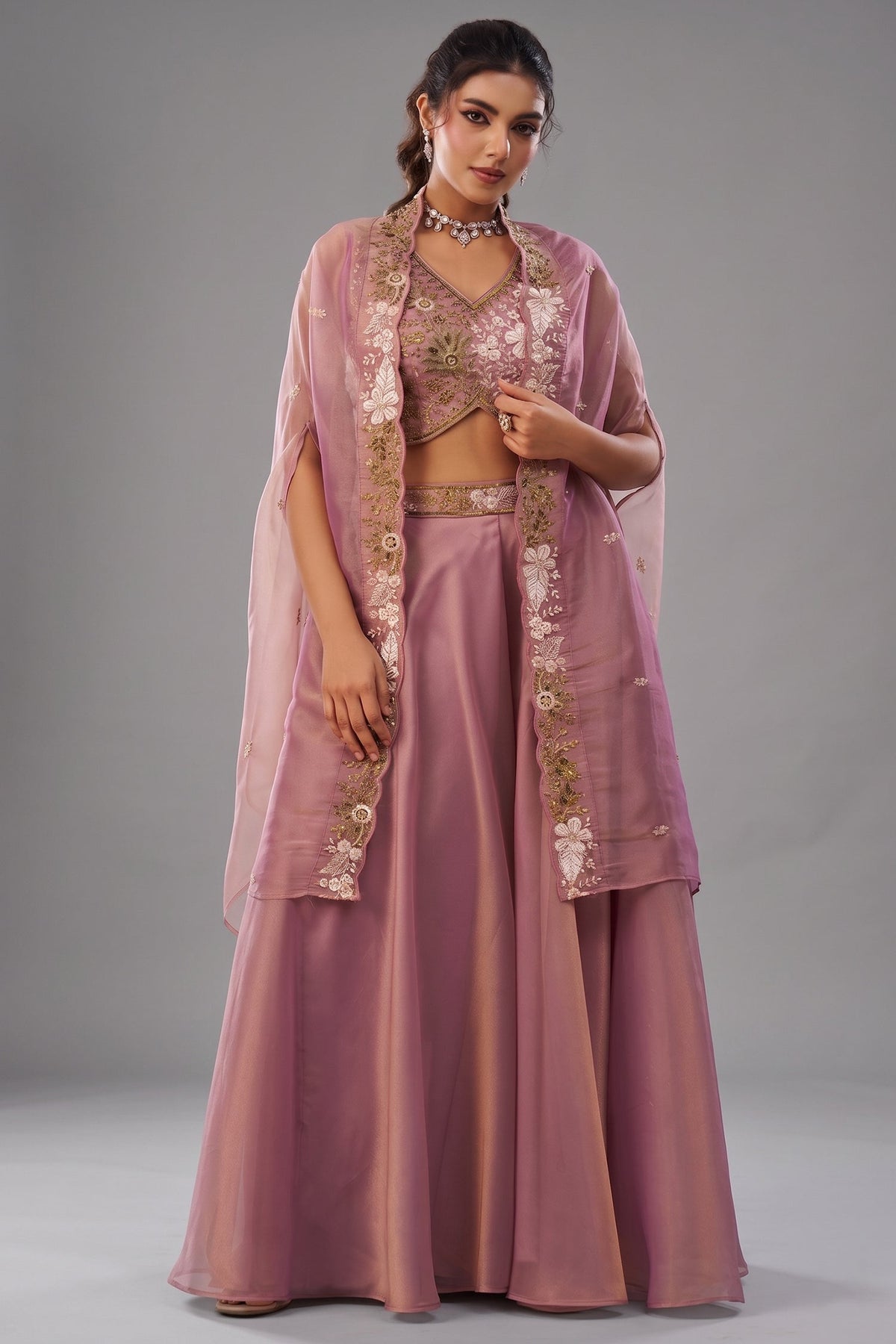 Light Pink Tissue Beads Embroidered Crop Top with Cape and Flared Palazzo Set