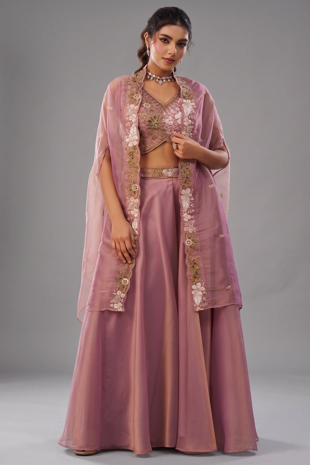 Light Pink Tissue Beads Embroidered Crop Top with Cape and Flared Palazzo Set