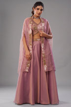 Light Pink Tissue Beads Embroidered Crop Top with Cape and Flared Palazzo Set