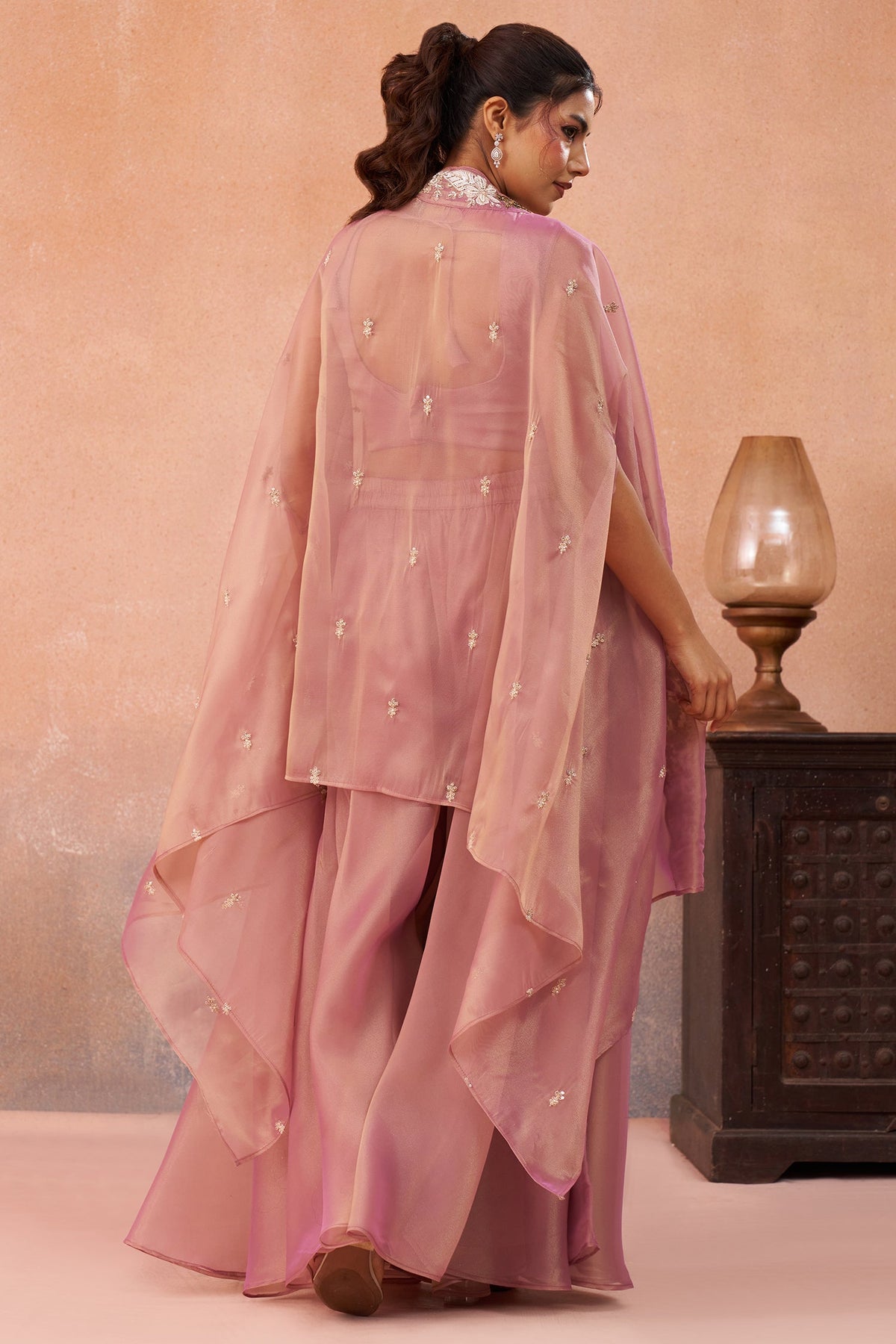 Light Pink Tissue Beads Embroidered Crop Top with Cape and Flared Palazzo Set