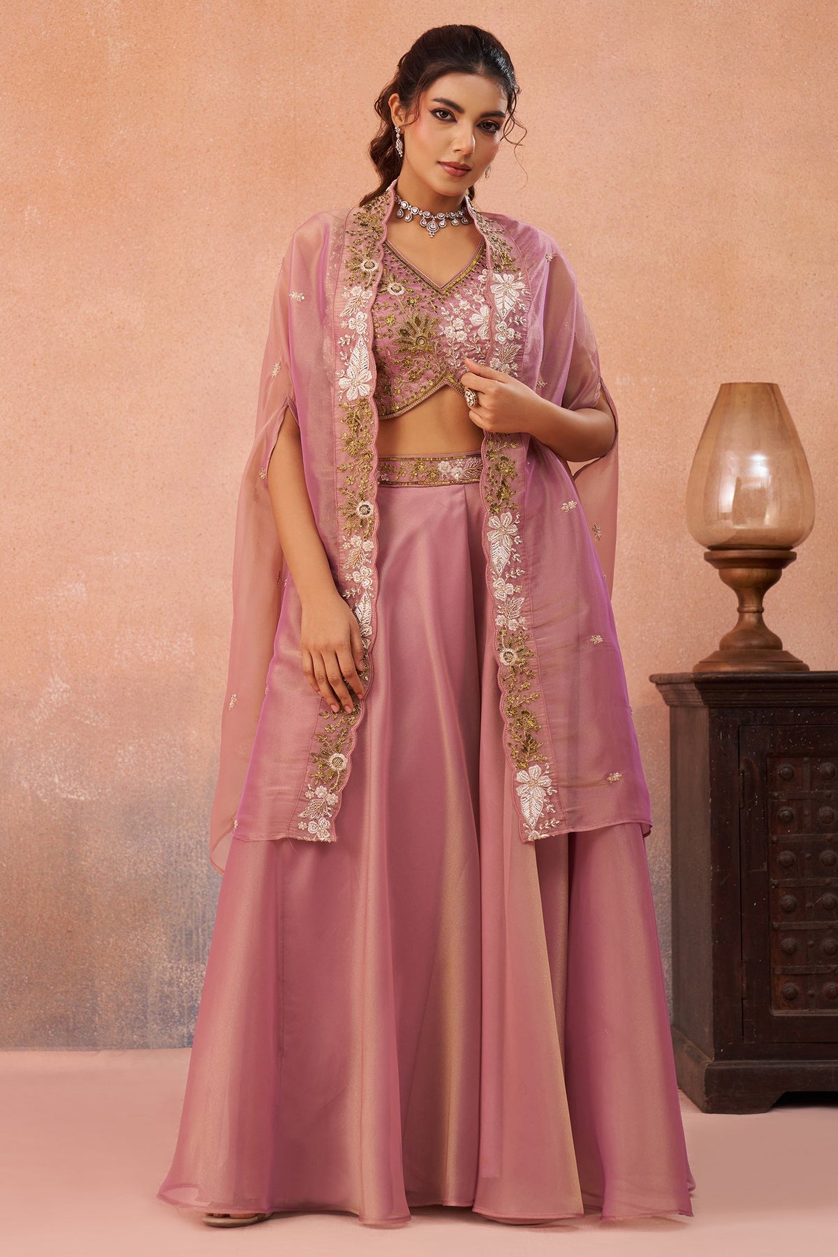 Light Pink Tissue Beads Embroidered Crop Top with Cape and Flared Palazzo Set