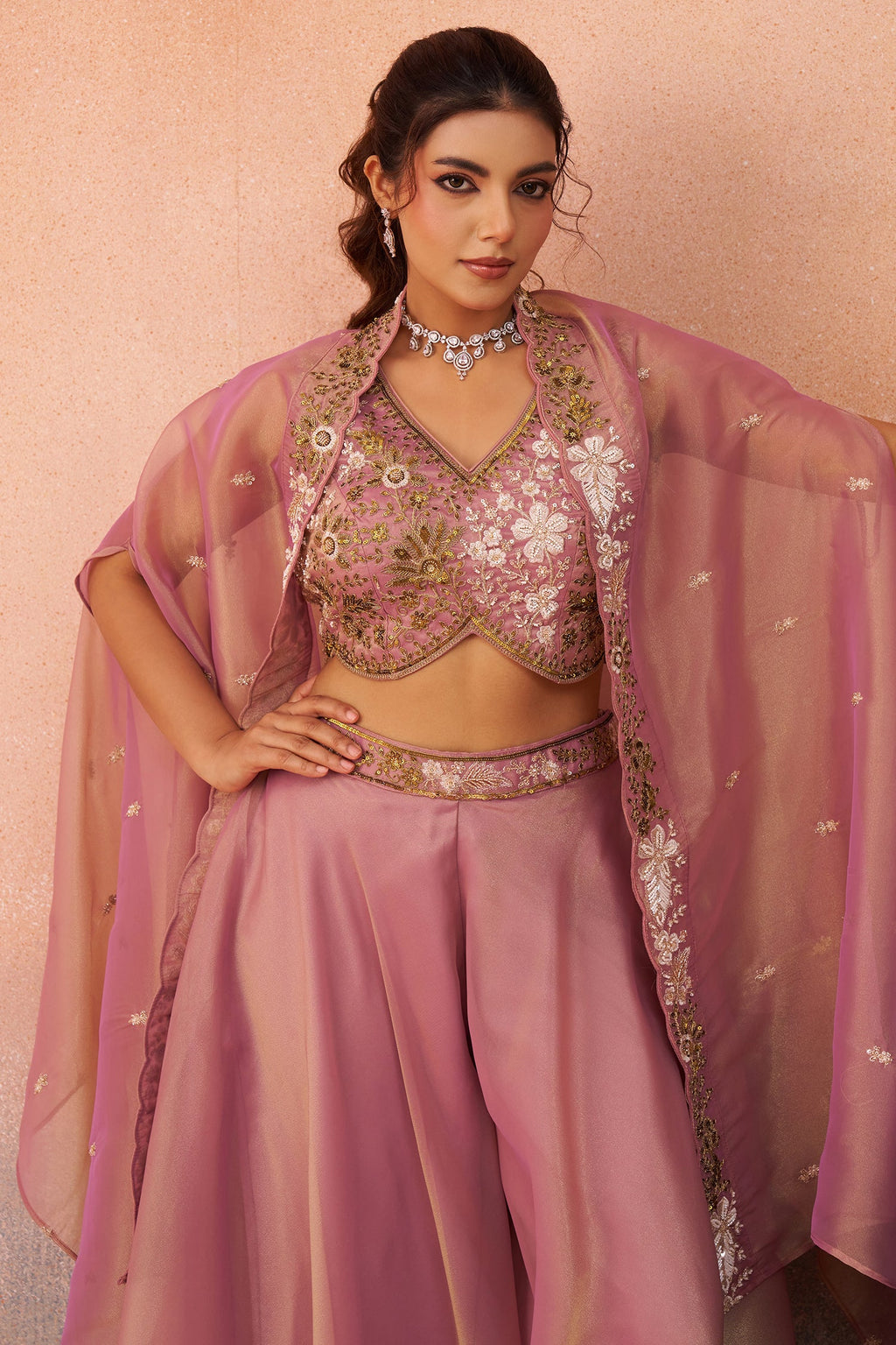 Light Pink Tissue Beads Embroidered Crop Top with Cape and Flared Palazzo Set