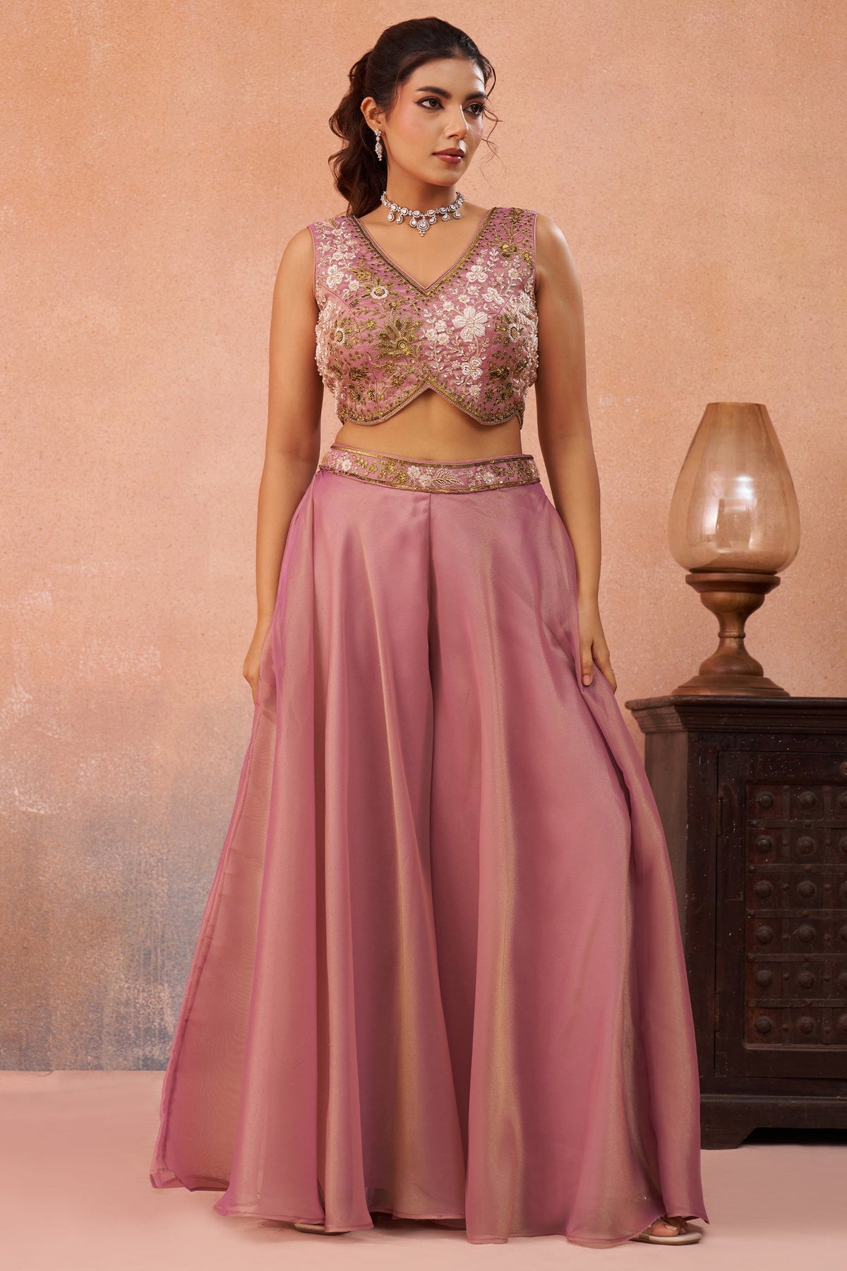 Light Pink Tissue Beads Embroidered Crop Top with Cape and Flared Palazzo Set