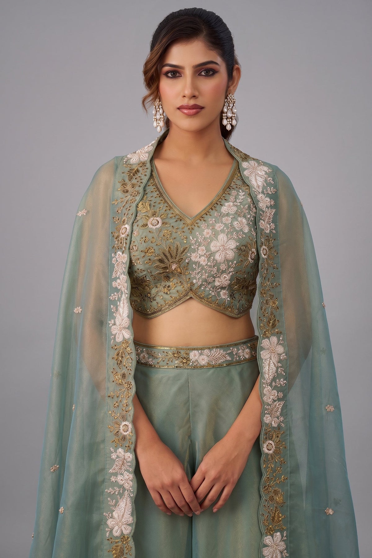 Sage Green Tissue Beads Embroidered Crop Top with Flared Cape and Palazzo Set
