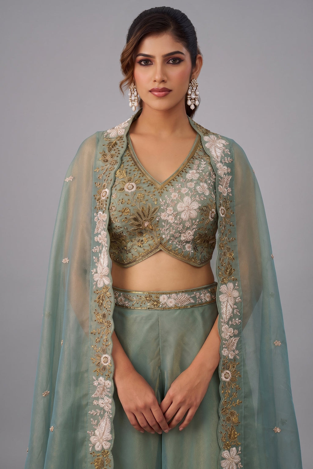 Sage Green Tissue Beads Embroidered Crop Top with Flared Cape and Palazzo Set