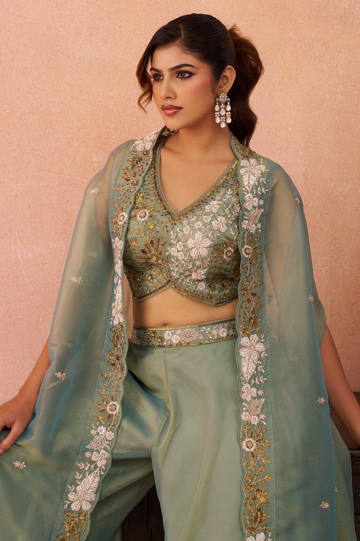 Sage Green Tissue Beads Embroidered Crop Top with Flared Cape and Palazzo Set
