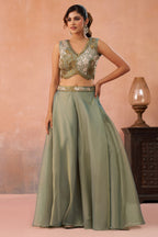 Sage Green Tissue Beads Embroidered Crop Top with Flared Cape and Palazzo Set