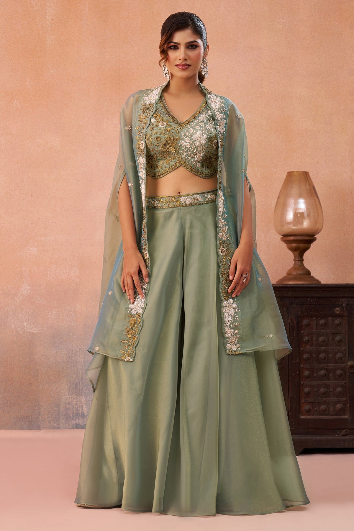Sage Green Tissue Beads Embroidered Crop Top with Flared Cape and Palazzo Set
