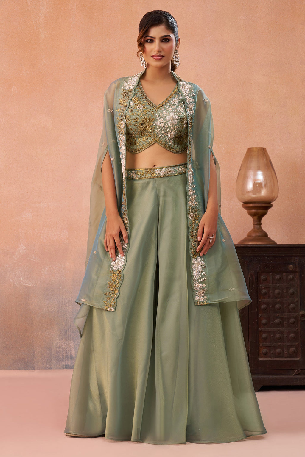 Sage Green Tissue Beads Embroidered Crop Top with Flared Cape and Palazzo Set