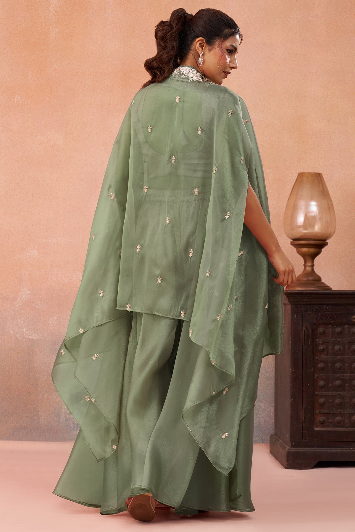 Sage Green Tissue Beads Embroidered Crop Top with Flared Cape and Palazzo Set