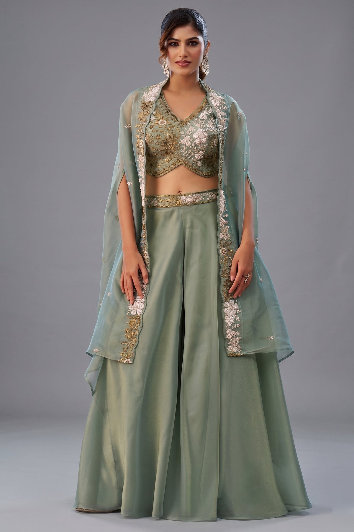 Sage Green Tissue Beads Embroidered Crop Top with Flared Cape and Palazzo Set