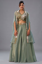 Sage Green Tissue Beads Embroidered Crop Top with Flared Cape and Palazzo Set
