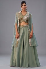 Sage Green Tissue Beads Embroidered Crop Top with Flared Cape and Palazzo Set